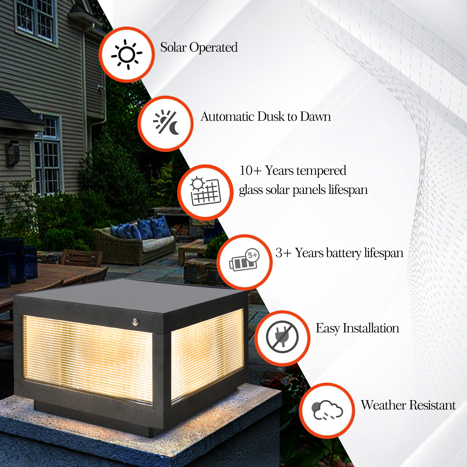 12inch Black Solar Powered LED Post Cap Light, Modern Outdoor LED Fence Light For Pathways, Decks, And Patios1-Pack - Image 10