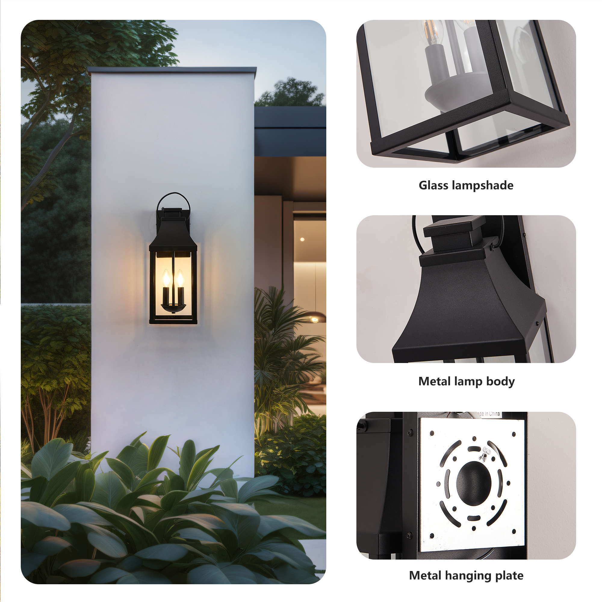 20'' Dusk to Dawn Outdoor Wall Light, Large Black Outdoor Porch Light Waterproof Patio Lanterns, Exterior Wall Mount Lighting Fixtures, 2-Light Outside Garage Sconces for House Front, 1-Pack - Image 6