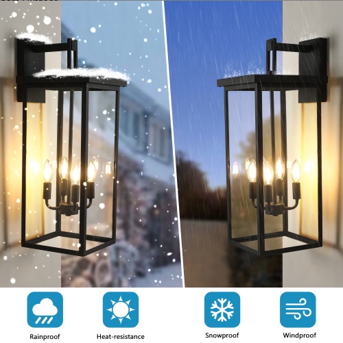 26H 1ps Modern Outdoor Wall Lanterns With Black Metal Frame And Clear Glass, 4 E12 Bulb Socket, Weatherproof Wall Sconces For Porch, Garden, Patio No Bulbs - Image 5