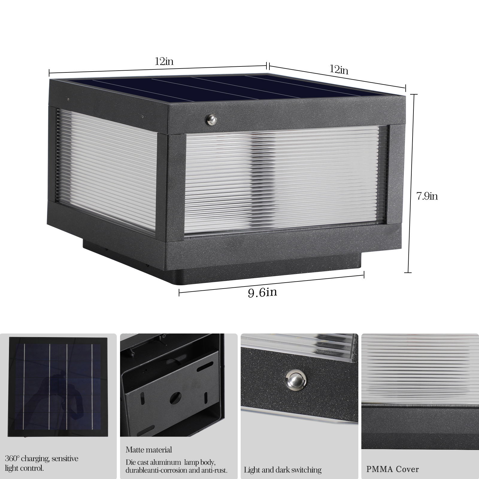 12inch Black Solar Powered LED Post Cap Light, Modern Outdoor LED Fence Light For Pathways, Decks, And Patios1-Pack - Image 4