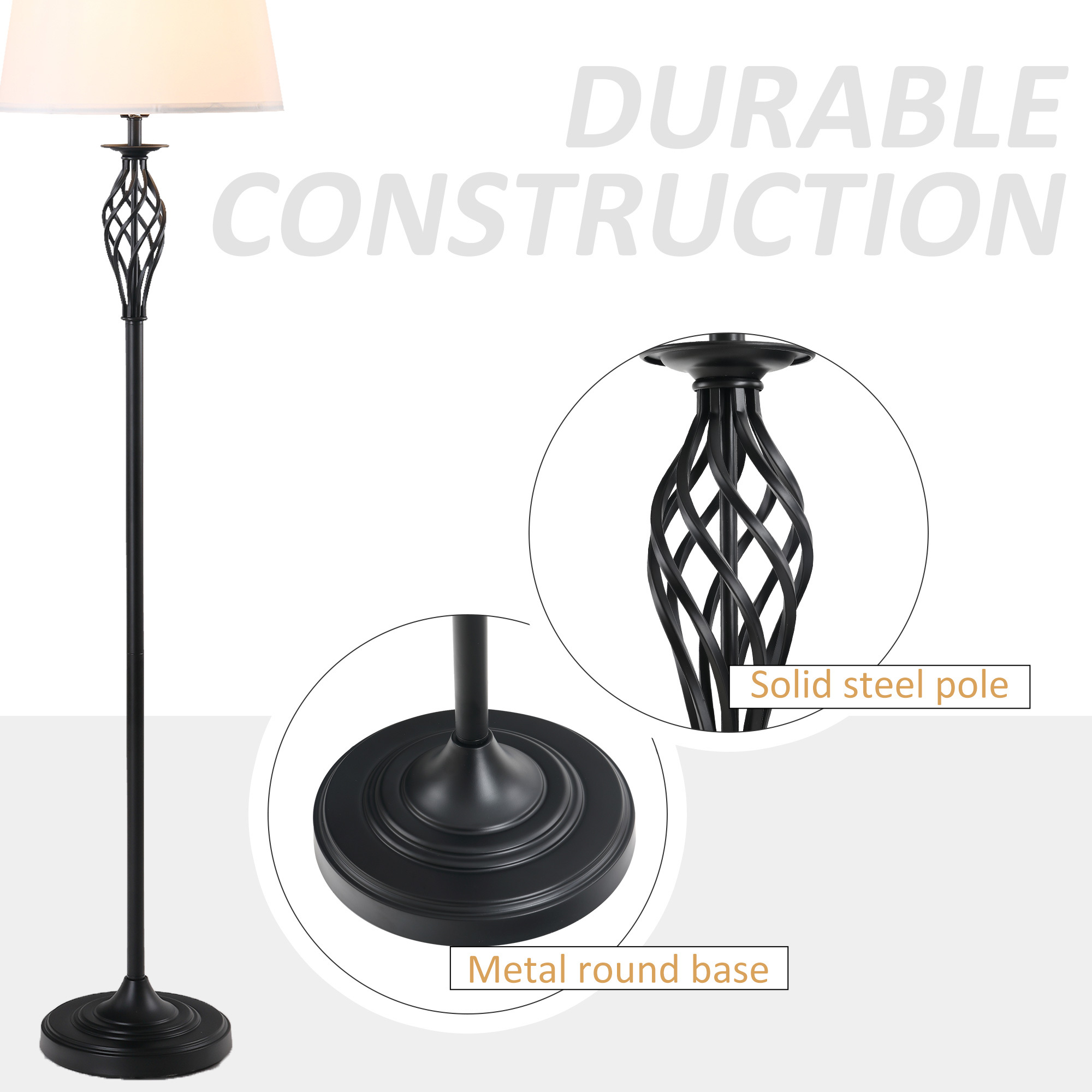 3 Piece Table Floor Lamp Set with Metal Pole, Round Base, and Fabric Lampshade, for Living Room, Black/White - Image 6
