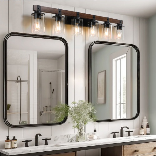 42 Inch Rustic 6-Light Vanity Light, Industrial Bathroom Wall Sconce With Glass Shades And Wood Accent, Modern Farmhouse Lighting Fixture No Bulbs - Image 8