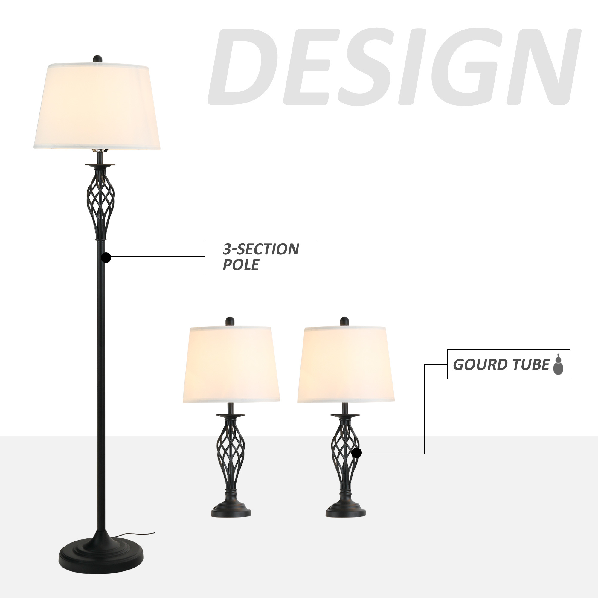 3 Piece Table Floor Lamp Set with Metal Pole, Round Base, and Fabric Lampshade, for Living Room, Black/White - Image 5