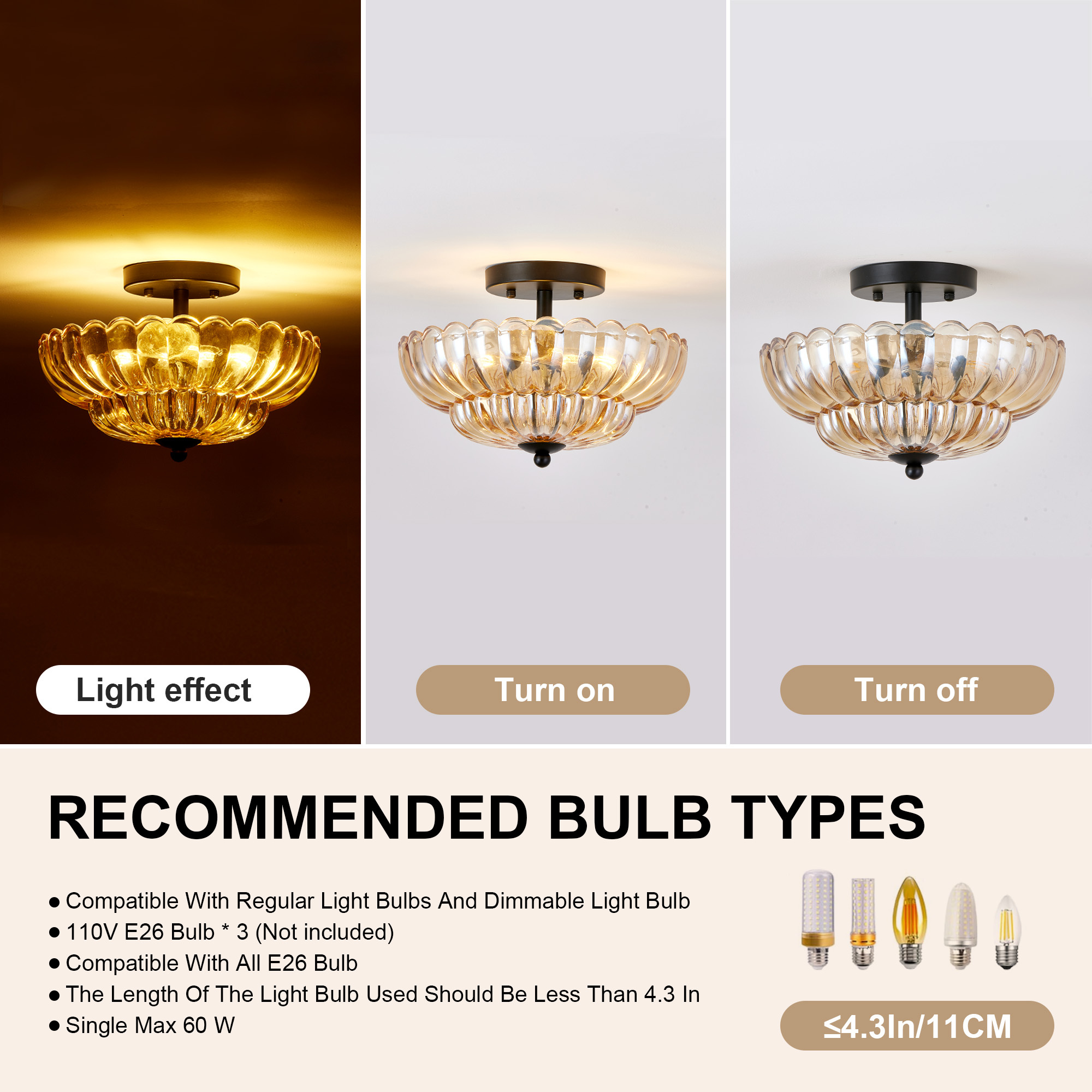 Semi Flush Mount Ceiling Light, Amber Glass Ceiling Light Fixture, 3-Bulb Modern Black Close to Ceiling Light, Vintage Glass Ceiling Lights for Bedroom Kitchen Living Room, Bulb Not Included - Image 7