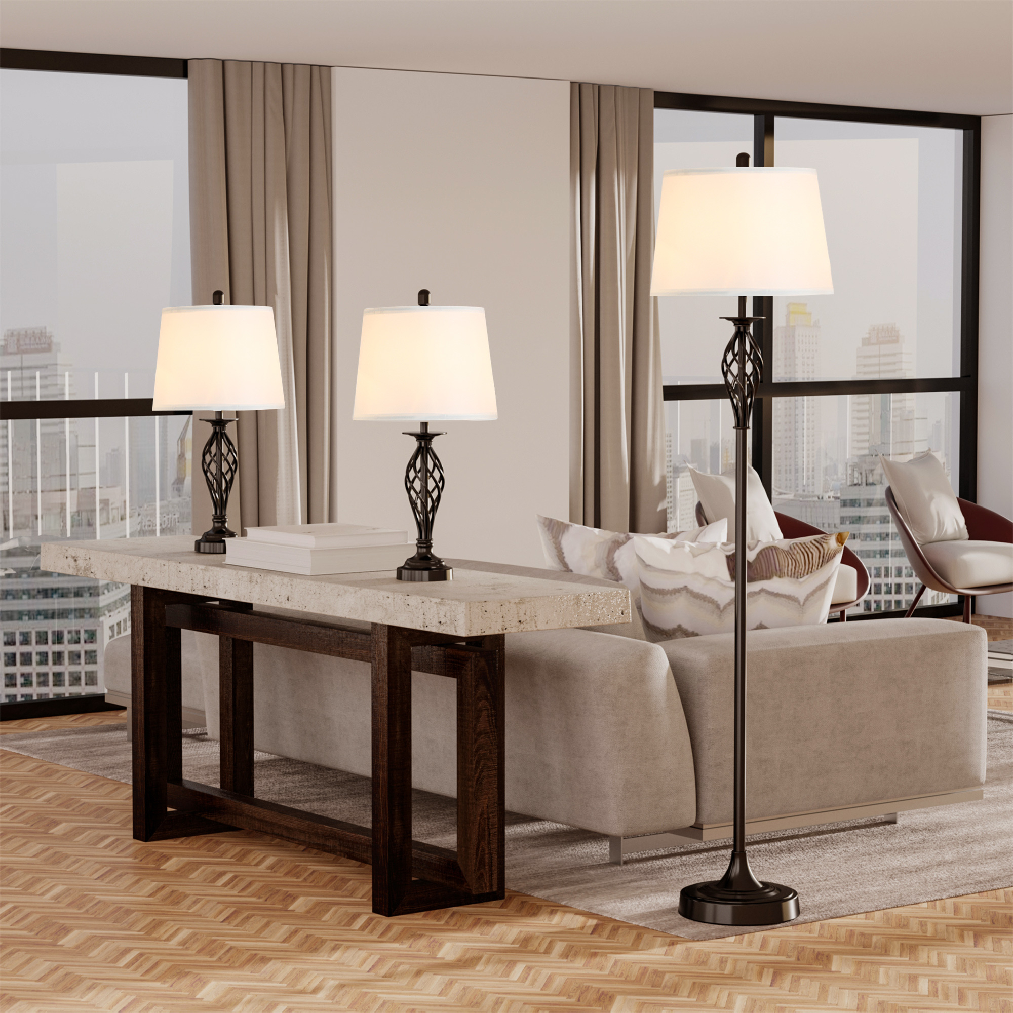 3 Piece Table Floor Lamp Set with Metal Pole, Round Base, and Fabric Lampshade, for Living Room, Black/White