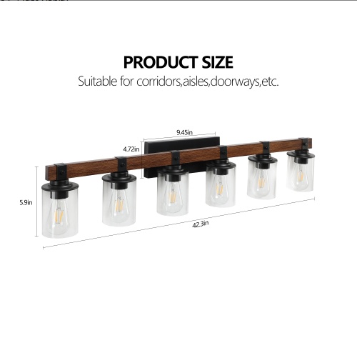42 Inch Rustic 6-Light Vanity Light, Industrial Bathroom Wall Sconce With Glass Shades And Wood Accent, Modern Farmhouse Lighting Fixture No Bulbs - Image 2