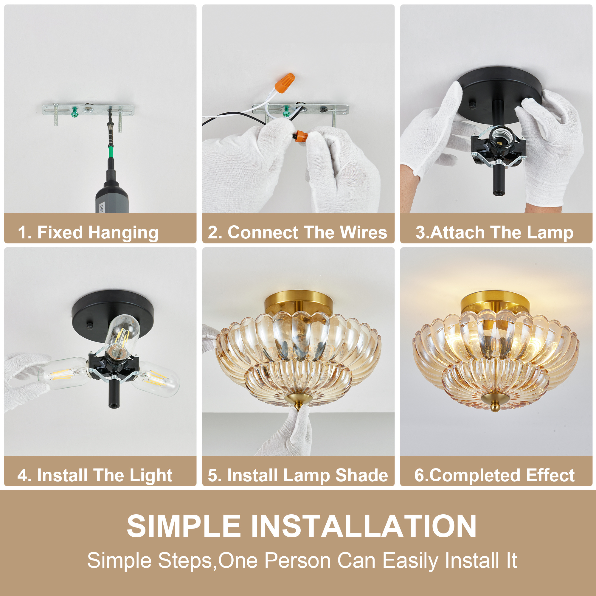 11.8 inch Semi Flush Mount Ceiling Light, 3-Light Close to Ceiling Light Fixtures with Flower Glass, Vintage Ceiling Lights for Hallway Living Room Kitchen Bedroom Bathroom, Amber - Image 9