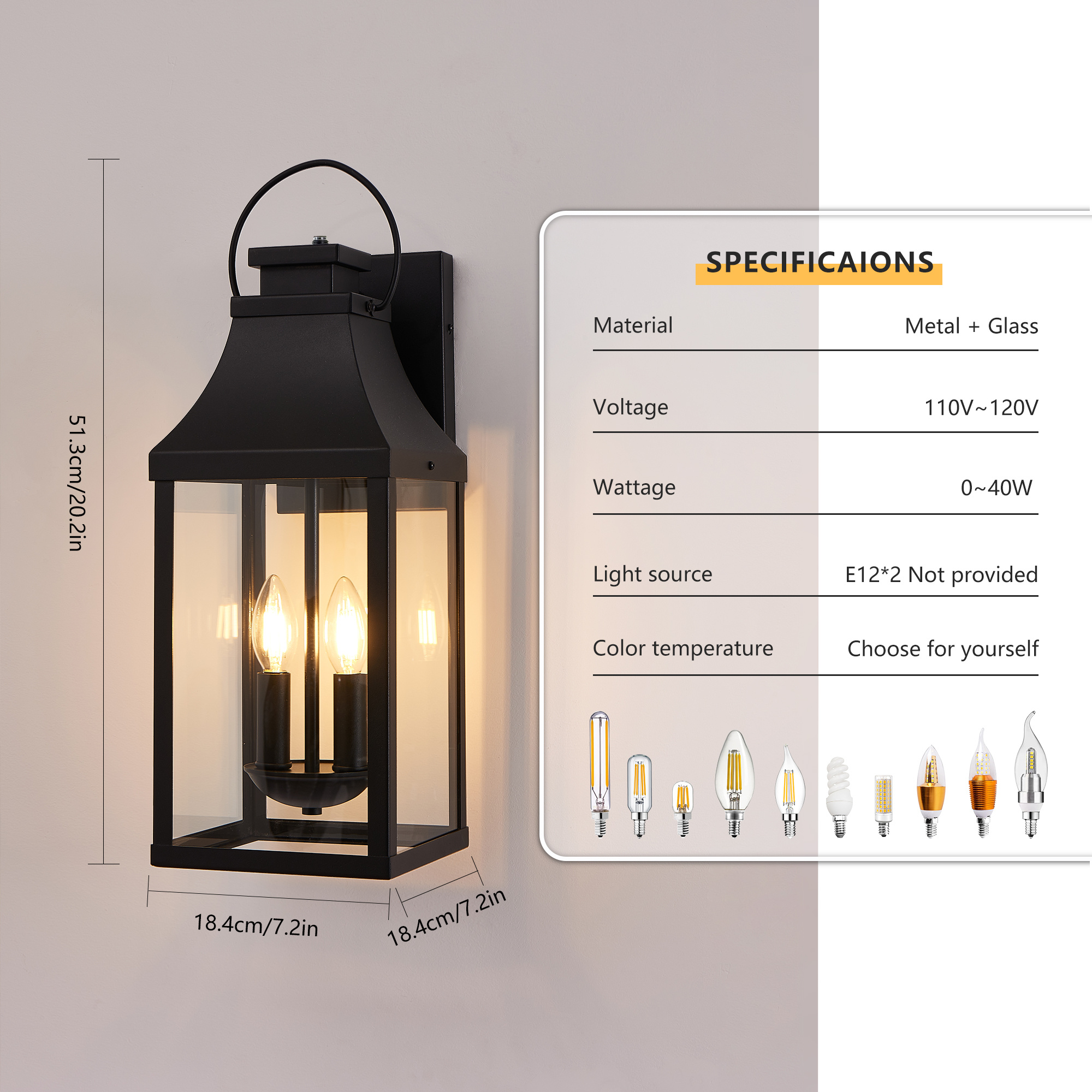 20'' Dusk to Dawn Outdoor Wall Light, Large Black Outdoor Porch Light Waterproof Patio Lanterns, Exterior Wall Mount Lighting Fixtures, 2-Light Outside Garage Sconces for House Front, 1-Pack - Image 9