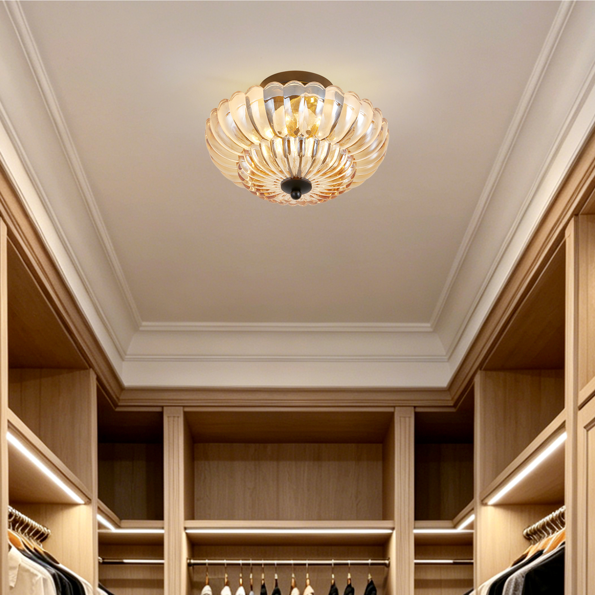 Semi Flush Mount Ceiling Light, Amber Glass Ceiling Light Fixture, 3-Bulb Modern Black Close to Ceiling Light, Vintage Glass Ceiling Lights for Bedroom Kitchen Living Room, Bulb Not Included - Image 3