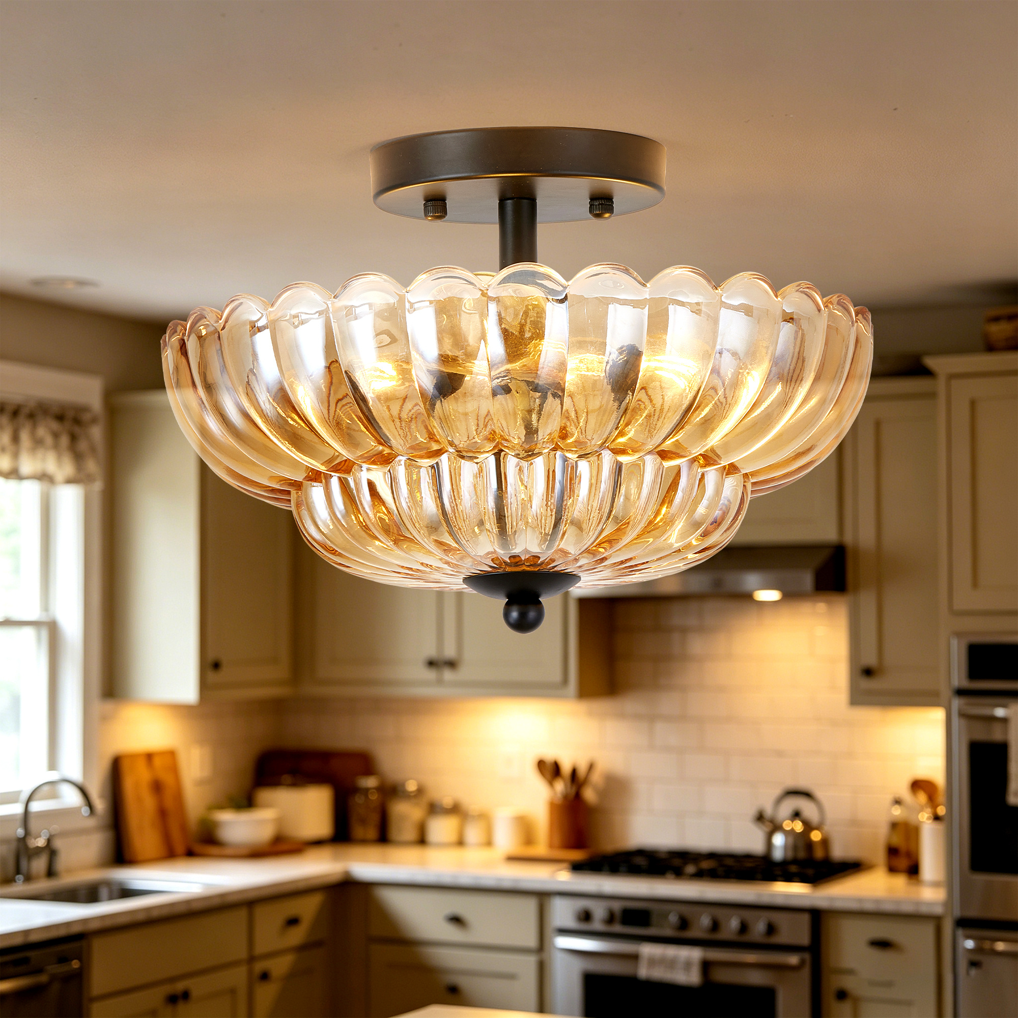 Semi Flush Mount Ceiling Light, Amber Glass Ceiling Light Fixture, 3-Bulb Modern Black Close to Ceiling Light, Vintage Glass Ceiling Lights for Bedroom Kitchen Living Room, Bulb Not Included - Image 2