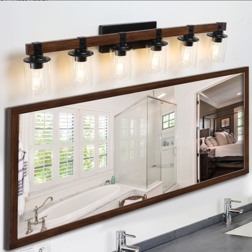 42 Inch Rustic 6-Light Vanity Light, Industrial Bathroom Wall Sconce With Glass Shades And Wood Accent, Modern Farmhouse Lighting Fixture No Bulbs - Image 6