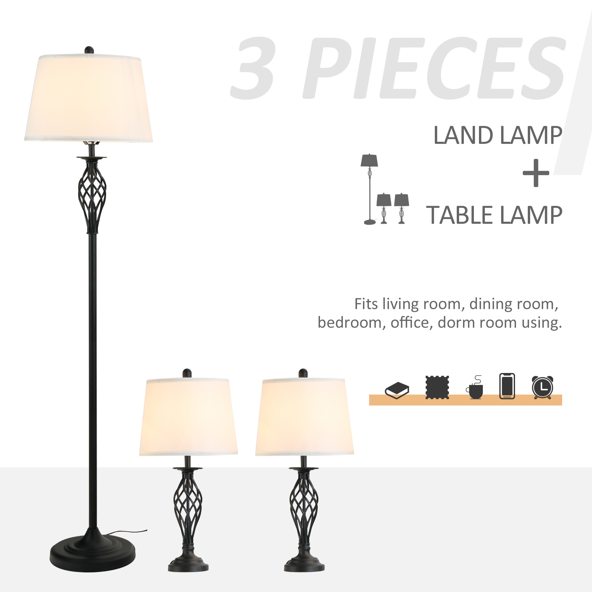 3 Piece Table Floor Lamp Set with Metal Pole, Round Base, and Fabric Lampshade, for Living Room, Black/White - Image 4